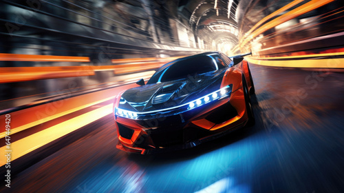 A street racer with a cybernetic arm, jacked into the vehicles controls, races through a tunnel, narrowly avoiding oncoming traffic with splitsecond maneuvering. © Justlight