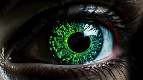 A biopunks eyes glow with an otherworldly luminescence as they interface directly with a holographic display, utilizing their genetically enhanced visual processing to decode complex information.