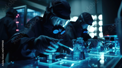 A heavily fortified laboratory, surrounded by armed guards, containing a group of nanotech enthusiasts conducting tingedge research, tirelessly working to unlock the true potential of photo