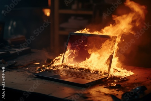 Burning laptop table. Digital notebook. Generate Ai