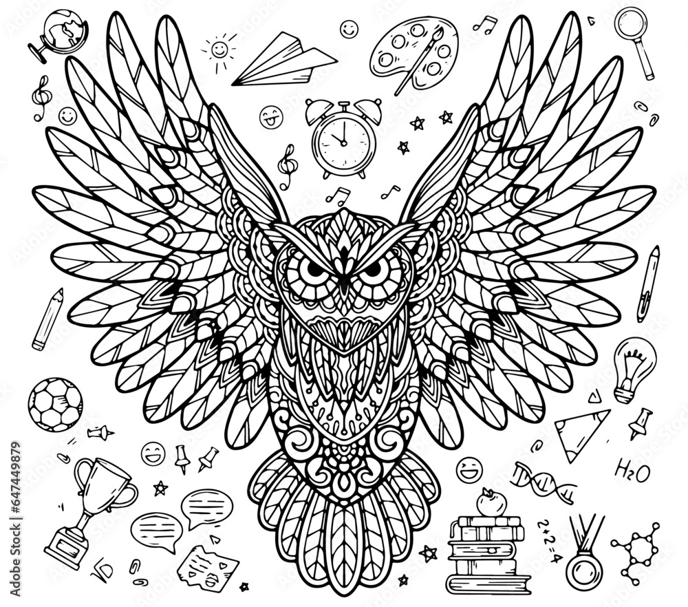 A drawing with small school elements and an owl A drawing with small school elements and an owl