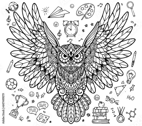 A drawing with small school elements and an owl