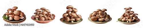 Png Set Shiitake mushrooms arranged on a black plate transparent background