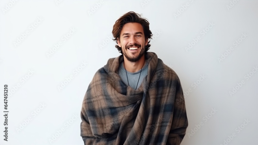 Obraz premium A man wearing a cozy flannel blanket against a light white background.