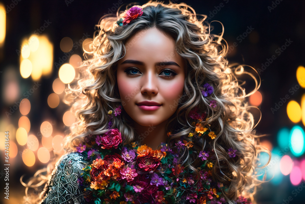 Beautiful young woman with long curly hair and bright makeup. Beauty, fashion.