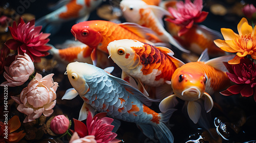 photo of a school of colorful Japanese carp