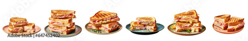 Png Set Freshly made ham and cheese grilled sandwiches on a ceramic plate transparent background copy space