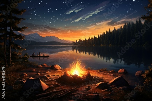 Warm Campfire pattern tent. Banner fire magic. Generate Ai © juliars
