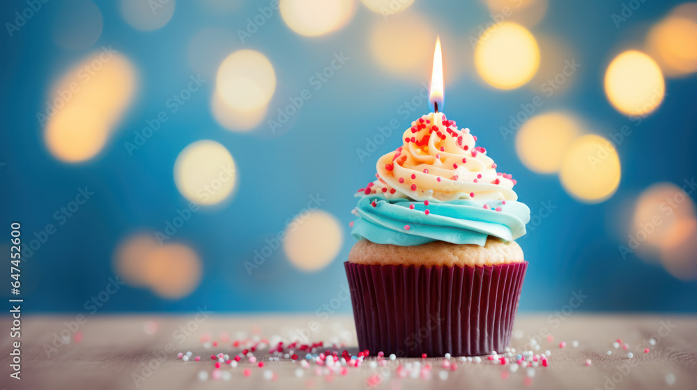Delicious Cupcake with Candle Light Up on Bokeh Background, Celebration, Birthday Party, Festive Dessert. Generative AI Delicious Cupcake with Candle Light Up on Bokeh Background, Celebration, Birthday Party, Festive Dessert. Generative AI