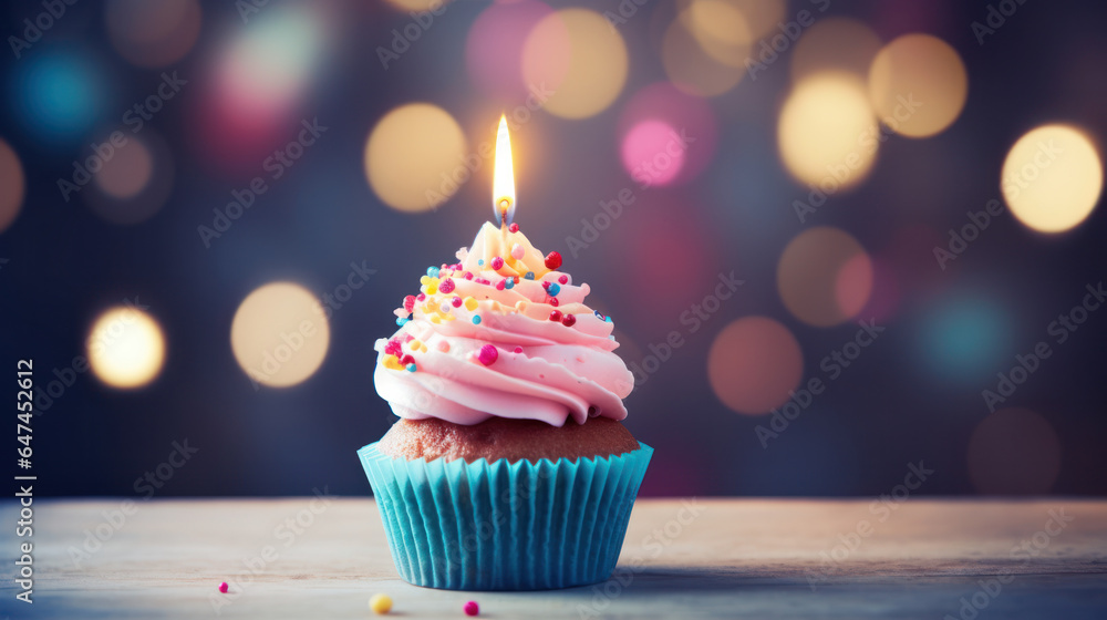 Delicious Cupcake with Candle Light Up on Bokeh Background, Celebration, Birthday Party, Festive Dessert. Generative AI Delicious Cupcake with Candle Light Up on Bokeh Background, Celebration, Birthday Party, Festive Dessert. Generative AI