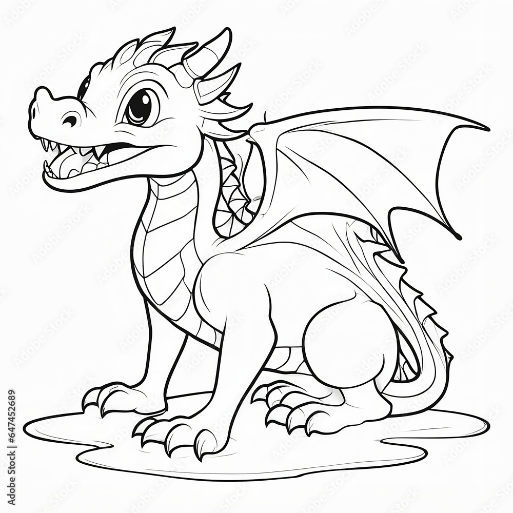 Fototapeta premium Coloring Joy for Kids: Explore a 3D World with a Playful Baby Dragon in Black & White