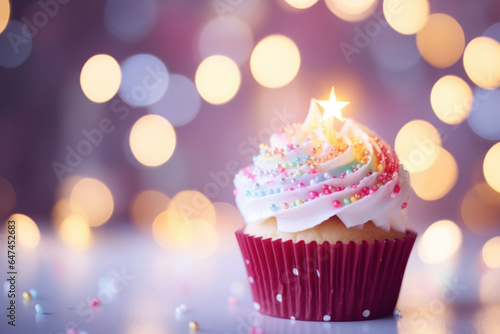 Delicious Cupcake with Sparkler on Bokeh Background, Celebration, Birthday Party, Festive Dessert. Generative AI