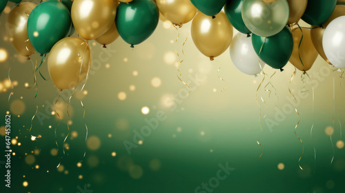 Golden and Green Balloons with Green Background, Celebration, Festive, Birthday Party, Copy Space. Generative AI