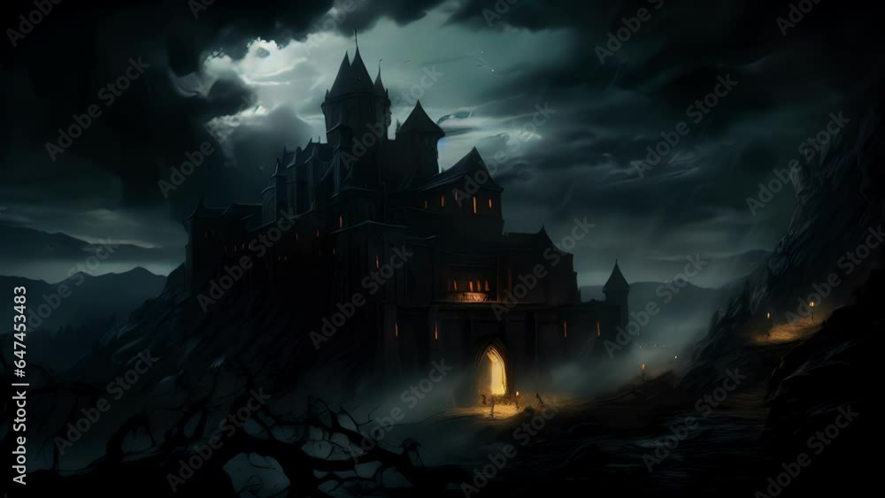 Dilapidated castle shrouded in darkness ominous clouds looming above. Dilapidated castle shrouded in darkness ominous clouds looming above.