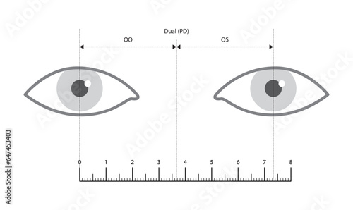 Pupillary distance measurement template with ruler Eye frame glasses fashion accessory medical illustration. Optical center Sunglass front view silhouette style, flat eyeglasses with lens sketch 
