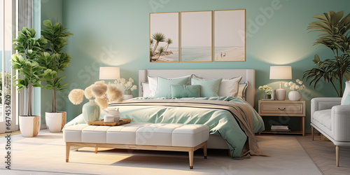 French country style style interior design of modern bedroom with mint color wall. © Ziyan Yang