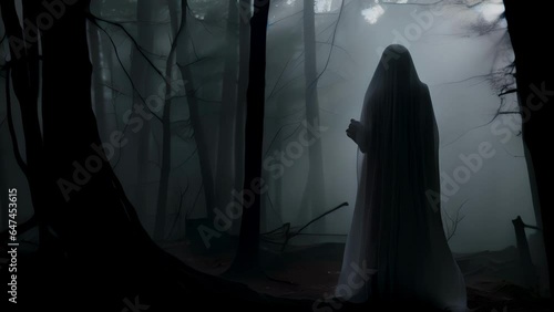 A shrouded figure looms in the desolate forest a ghostly howl echoing through the trees.. photo