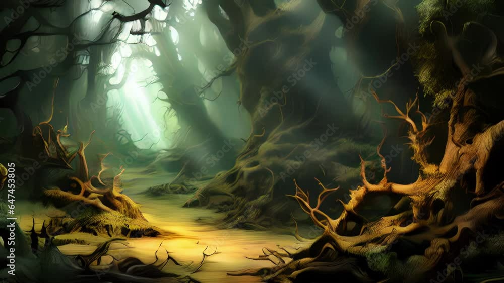 A bewitched forest filled with gnarled trees and writhing vines a translucent spirit roaming ast the trees.. A bewitched forest filled with gnarled trees and writhing vines a translucent spirit roaming ast the trees..