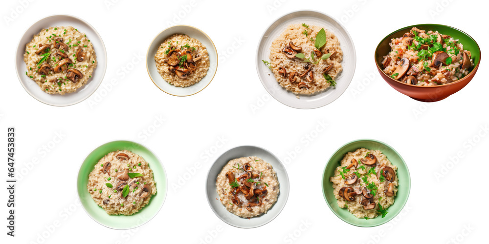 Png Set Isolated mushroom risotto with parmesan in a white bowl set against a transparent background Png Set Isolated mushroom risotto with parmesan in a white bowl set against a transparent background