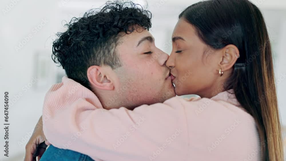 Kiss, hug and couple with love, smile and marriage with commitment, bonding together and happiness. Romance, man and woman embrace, relax and romantic with support, apartment and home with care Kiss, hug and couple with love, smile and marriage with commitment, bonding together and happiness. Romance, man and woman embrace, relax and romantic with support, apartment and home with care