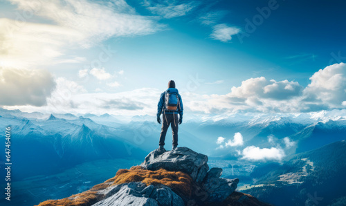 A hiker at the top of a mountain overlooking a stunning view. Apex silhouette cliffs, summits and valley landscape