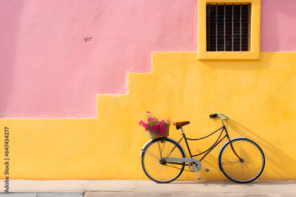 Retro Bike with Pink Flowers on Yellow Staircase Retro Bike with Pink Flowers on Yellow Staircase
