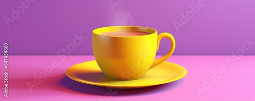 Yellow cup of delicious black coffee with milk on light purple background. Minimal trendy concept with copy space