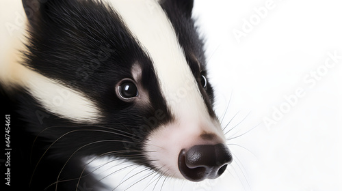 Skunk face macro close-up, isolated on white background, copy space