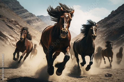 Bando de cavalos galopando entre as montanhas - Papel de parede photo