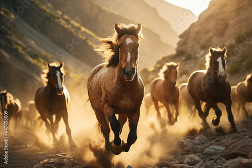 Bando de cavalos galopando entre as montanhas - Papel de parede photo