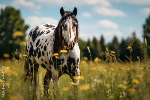 Cavalo malhado no campo e floresta ao fundo 