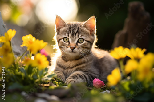 Gatinho fofo cinza no jardim com flores amarelas - Papel de parede