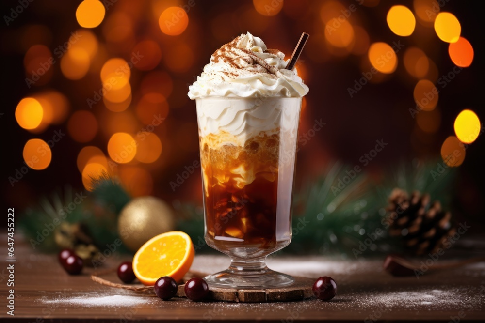 Spiced citrus latte with whipped cream topping and cinnamon. Hot chocolate or coffee. Winter drink on dark background with lights. Holidays treats concept. Copy space - obrazy, fototapety, plakaty 