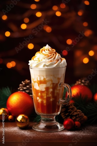 Spiced citrus latte with whipped cream topping and cinnamon. Hot chocolate or coffee. Winter drink on dark background with lights. Holidays treats concept. Copy space