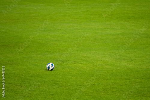 Soccer Match Ball on green grass at Stadium.