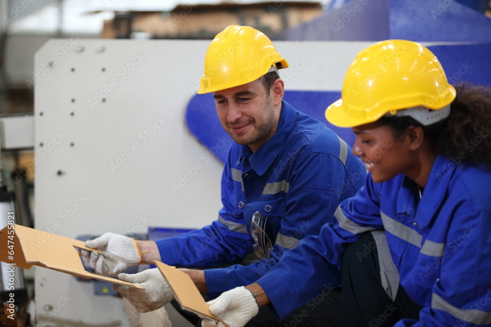 worker or engineer working in factory with safety uniform , safety hat and safety glasses , image is safety concept or happy workplace worker or engineer working in factory with safety uniform , safety hat and safety glasses , image is safety concept or happy workplace