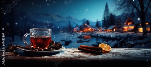 Banner with aromatic hot mulled wine in glass cap with spices and citrus fruit on a table. Snow and lights. Concept of festive atmosphere and cozy winter mood. Traditional hot Christmas drink