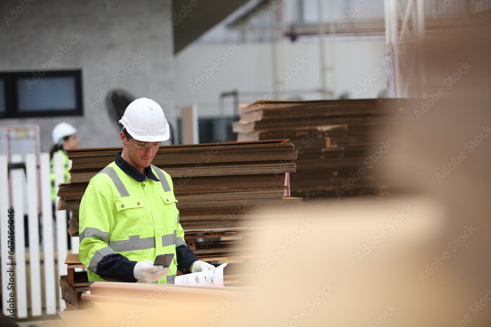 worker or engineer working in factory with safety uniform , safety hat and safety glasses , image is safety concept or happy workplace