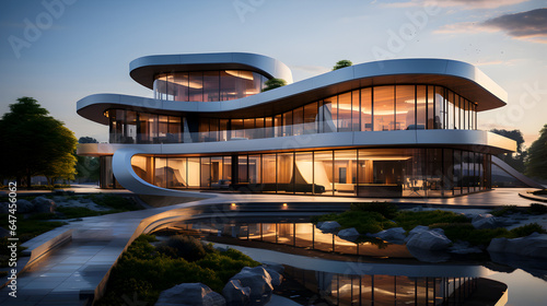 3D rendering of an futuristic home with glass and metal exterior  © Just_Imaginarium