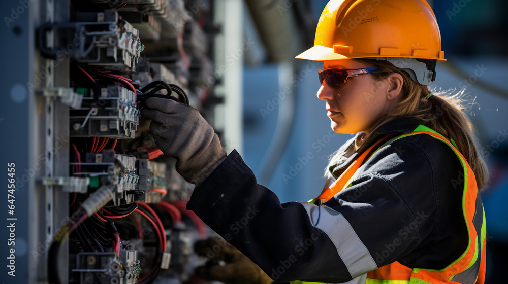 Woman working as electrician on a fuse box. Safety orange helmet and gloves at construction site. Woman working as electrician on a fuse box. Safety orange helmet and gloves at construction site.