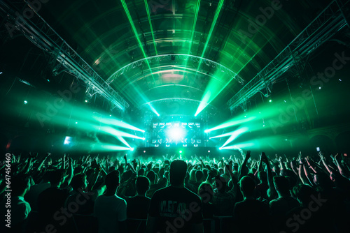 Crowd of people at live DJ event. Venue or festival, with bright green neon lasers above the crowd. Electronic music concept