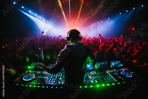 Crowd of people at live DJ event. Venue or festival, with bright neon lasers above the crowd. Electronic music concept