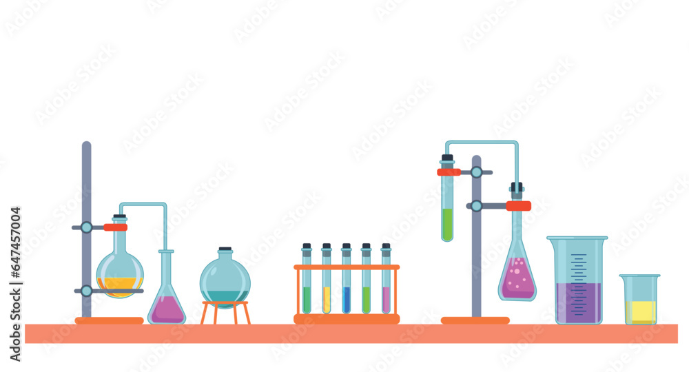 Scientific chemical laboratory, conducting experiments, research in laboratory. Glassware, jars, flasks, tubes and complex installation systems in working cabinet, equipment Scientific chemical laboratory, conducting experiments, research in laboratory. Glassware, jars, flasks, tubes and complex installation systems in working cabinet, equipment