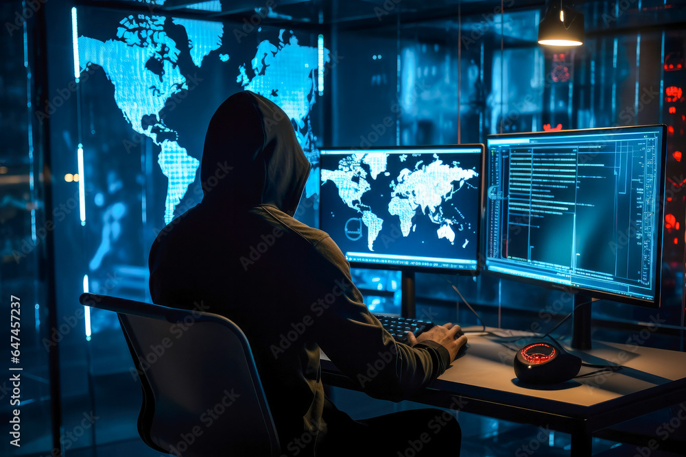 Cyber security specialist using computer, preventing hacker attack, online protection, digital security expert, firewall, hacker. Dark background with bright colorful monitors Cyber security specialist using computer, preventing hacker attack, online protection, digital security expert, firewall, hacker. Dark background with bright colorful monitors