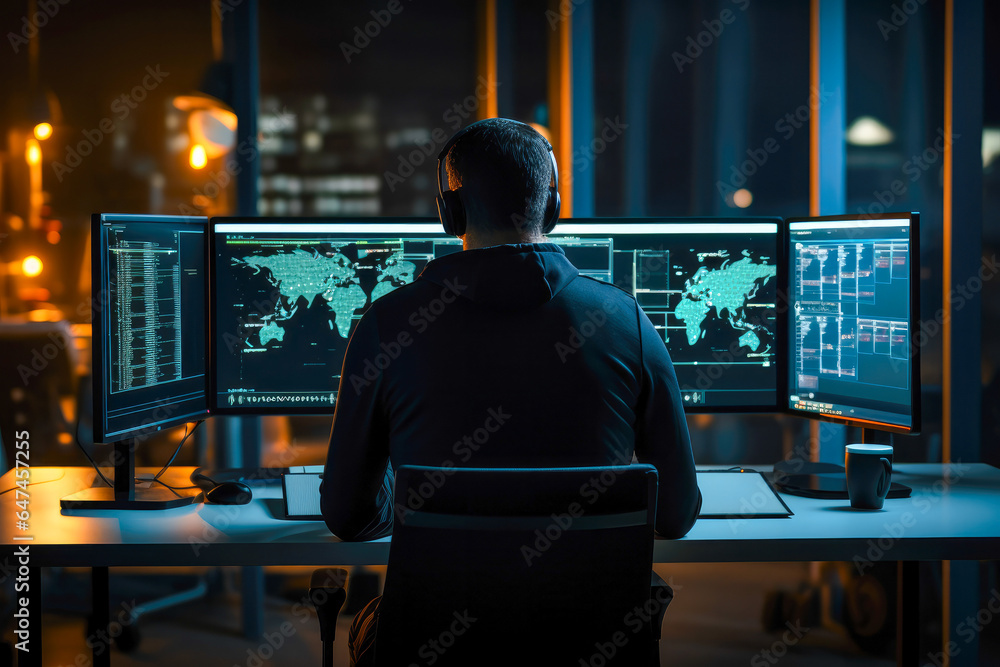 Cyber security specialist using computer, preventing hacker attack, online protection, digital security expert, firewall, hacker. Dark background with bright colorful monitors