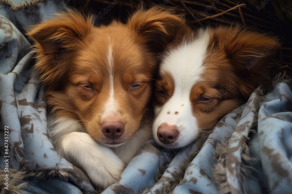 Two cute puppies sleep together under a blanket on bed at home. Border collie or sheltie breed. Beautiful little dogs. Pets sleeping. Love, Valentines day concept