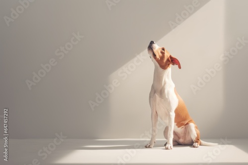 Cute jack russell terrier dog begging for food on white background. Pet sitting and asking food. Dog is waiting for a tasty treat. Animal training concept
