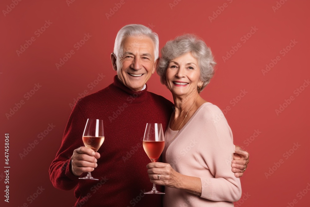 middle aged couple celebrating New Year’s Eve with champagne, studio shot. Indoors portrait of two loving senior 50s people smiling cheerfully on valentine's day on a red background drinking wine middle aged couple celebrating New Year’s Eve with champagne, studio shot. Indoors portrait of two loving senior 50s people smiling cheerfully on valentine's day on a red background drinking wine
