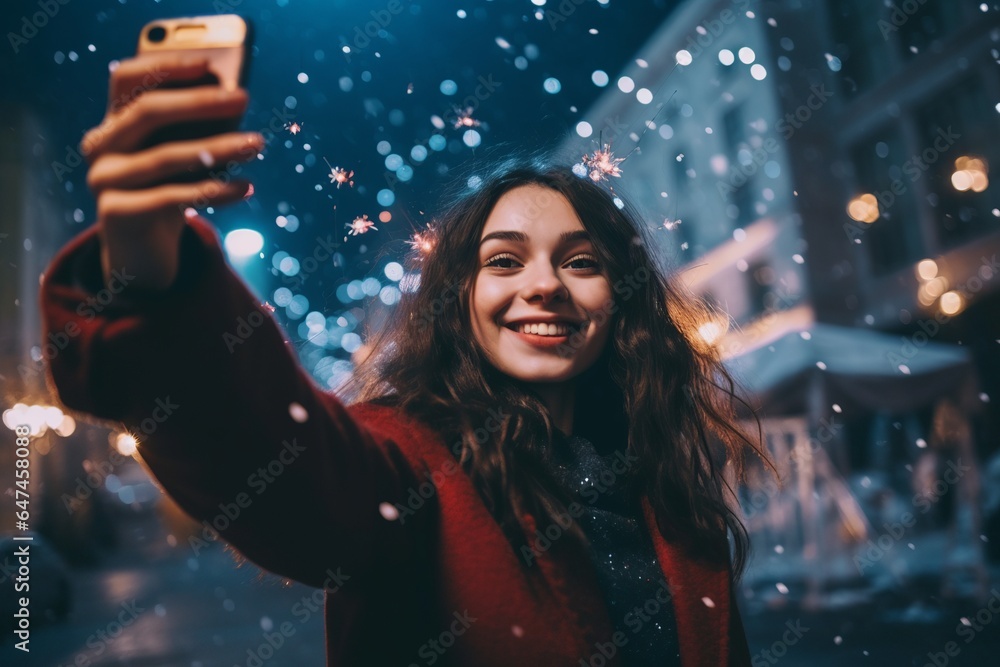 selfie of a young woman smiling on new year celebration with fireworks at the background, beautiful teenager girl taking photo selfies at Christmas or anniversary outdoors night celebration selfie of a young woman smiling on new year celebration with fireworks at the background, beautiful teenager girl taking photo selfies at Christmas or anniversary outdoors night celebration