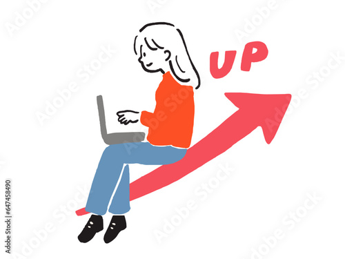 座ってノートパソコンを使って業績UPする女性の手描き風イラスト(全身)